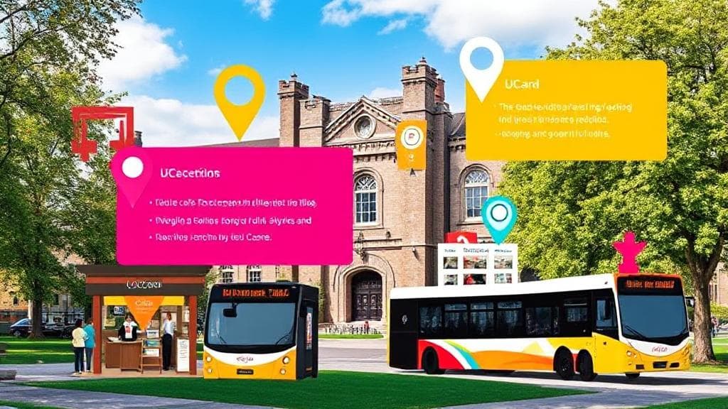 A vibrant collage of various locations and services where the UCard can be used, including cafes, bookstores, and public transport, set against a backdrop of a university campus.