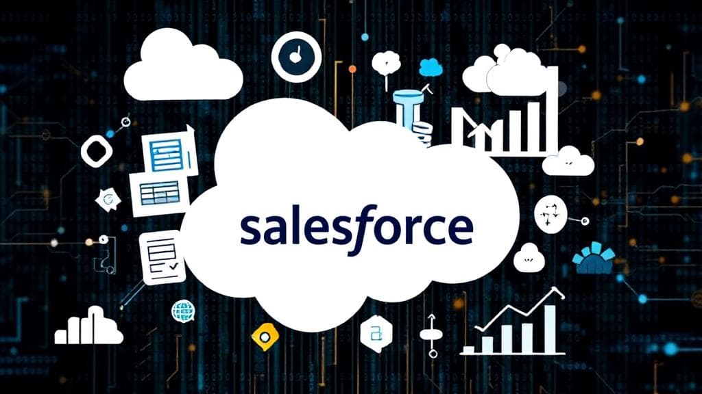 A dynamic collage of cloud icons, data graphs, and the Salesforce logo set against a digital network background.