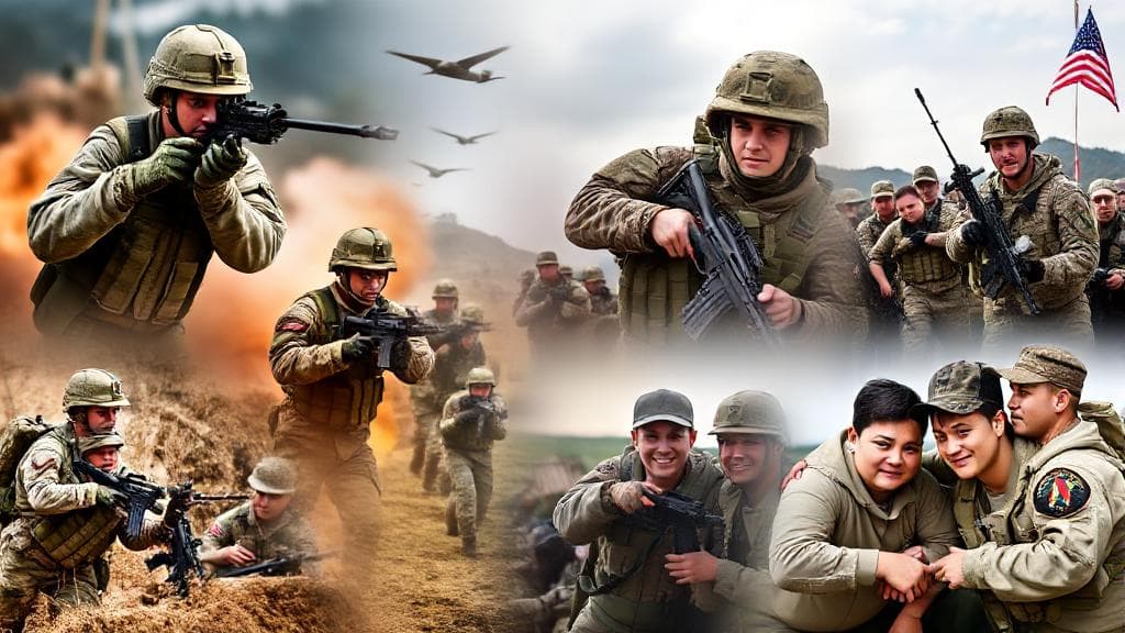 A balanced collage depicting soldiers in action, military training, and moments of camaraderie, highlighting both the challenges and rewards of army life.