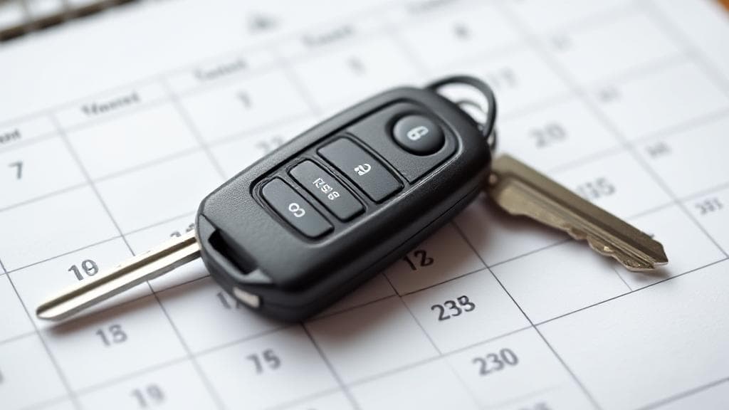A serene image of a calendar page with a car key resting on top, symbolizing the grace period for car insurance payments.