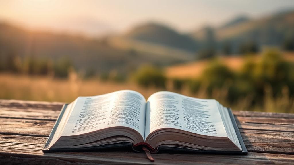 A serene landscape with an open Bible resting on a wooden table, surrounded by soft, glowing light.