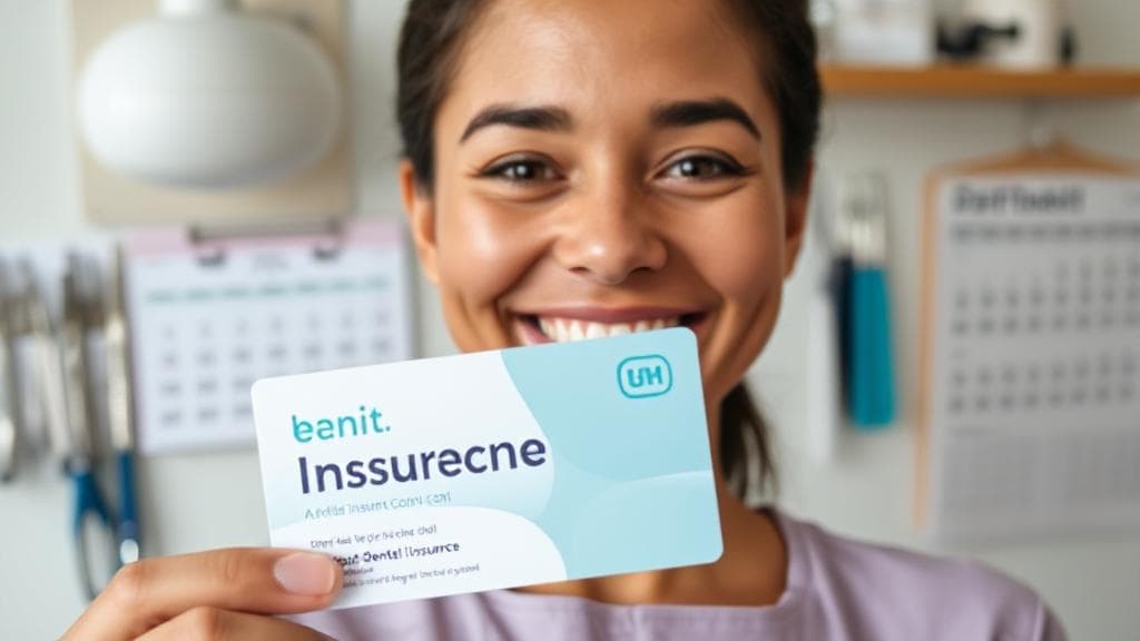 A smiling person holding a dental insurance card, with a background of dental tools and a calendar.