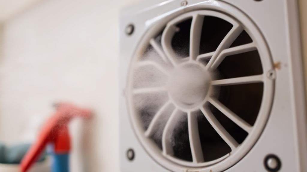 A close-up image of a home air vent emitting a faint mist, symbolizing the issue of sewage smell, with tools and cleaning supplies in the background.
