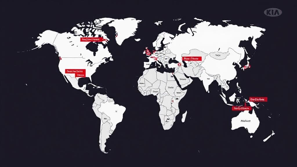 A global map highlighting key locations of Kia manufacturing plants around the world.