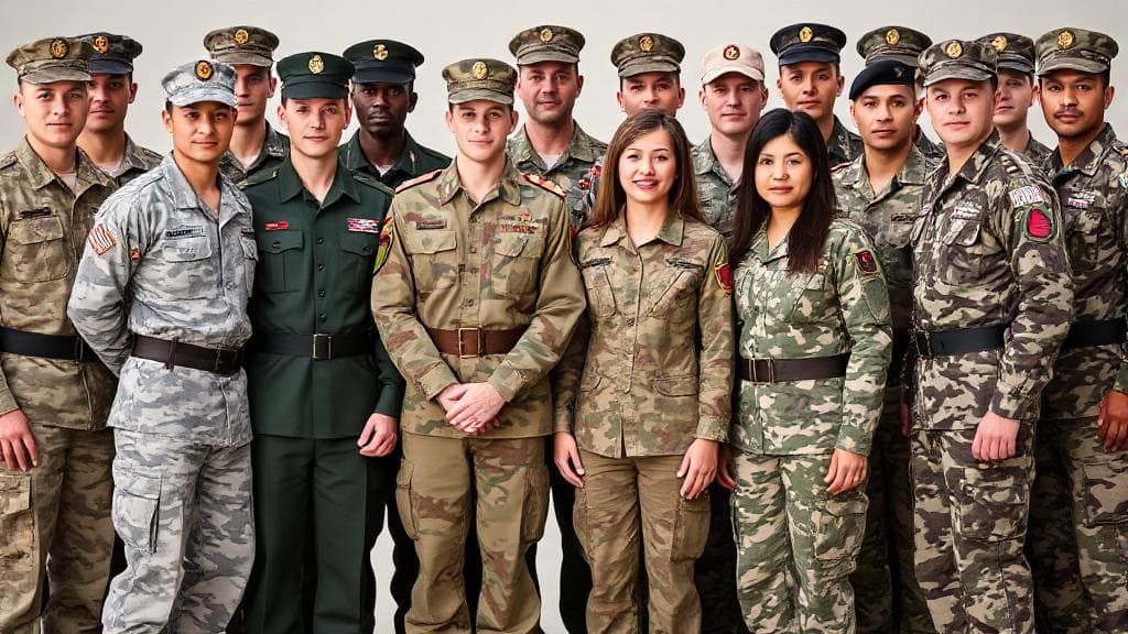 A diverse group of military personnel from different branches standing together in uniform, symbolizing unity and choice.