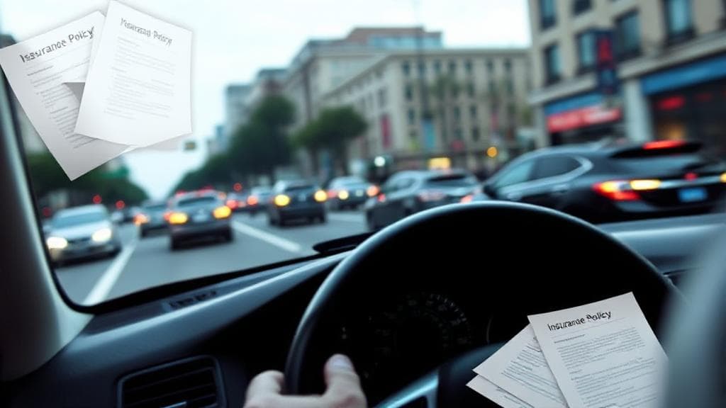 A car navigating through a busy city street, with a subtle overlay of insurance policy documents in the background.