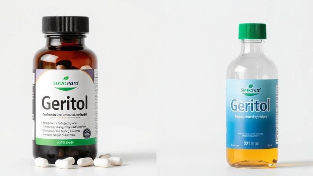 A split image showing a bottle of Geritol pills on one side and a bottle of Geritol liquid on the other, set against a neutral background.