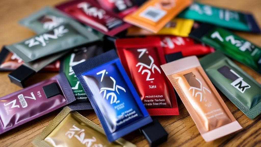 A close-up image of assorted Zyn nicotine pouches in various flavors and colors, scattered on a wooden surface.