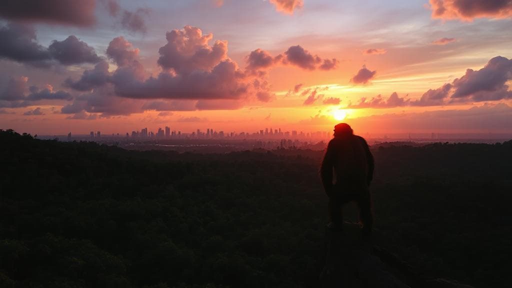 A dramatic sunset over a dense jungle with a silhouette of an ape standing on a cliff, gazing at a distant city skyline.