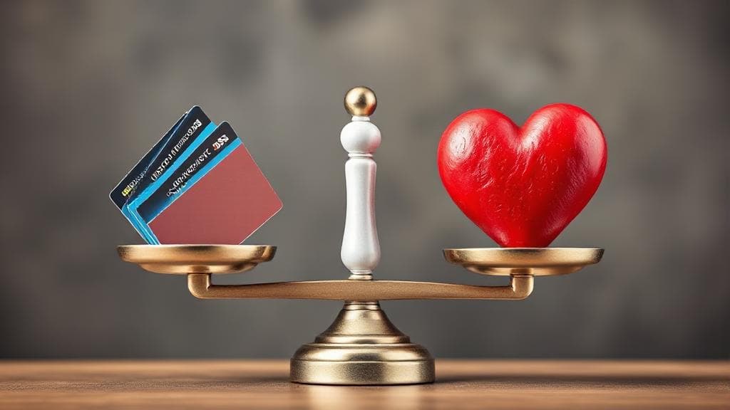 A balanced scale with credit cards on one side and a healthy heart on the other, symbolizing the harmony between credit lines and financial well-being.