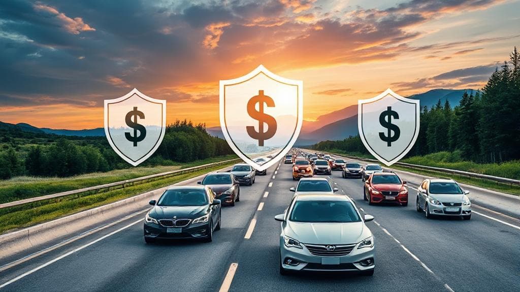 A sleek collage of diverse cars on a scenic highway, overlaid with icons of insurance shields and dollar signs.