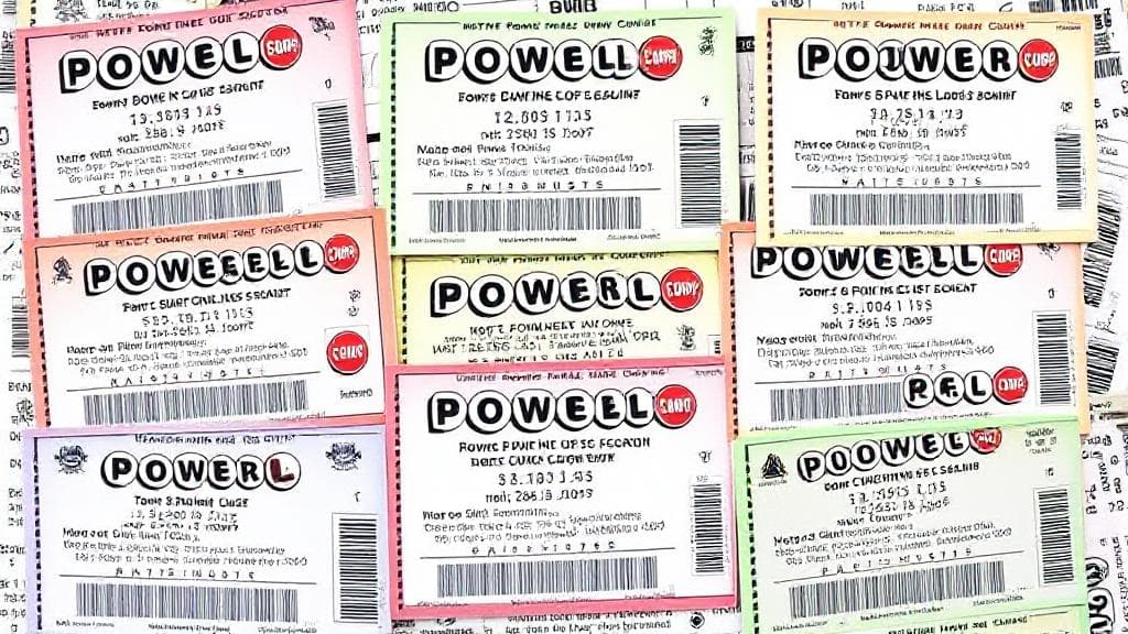 A colorful collage of Powerball tickets from various states, each marked with distinct purchase deadline times.