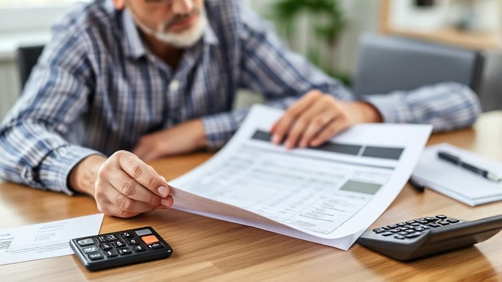 A thoughtful homeowner reviewing an insurance estimate document at a desk, with a contractor's business card and a calculator nearby.