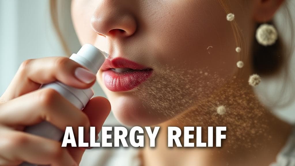 A close-up image of a person using a nasal spray, with pollen and dust particles in the background, symbolizing allergy relief.