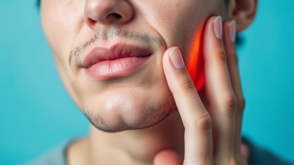 A close-up image of a person gently touching their cheek, symbolizing wisdom tooth pain, with a background of soothing blue tones.