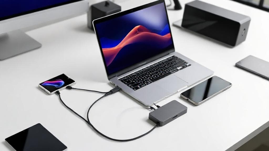 A sleek workspace featuring a modern laptop connected to multiple devices through a stylish USB-C hub, showcasing seamless connectivity and productivity.
