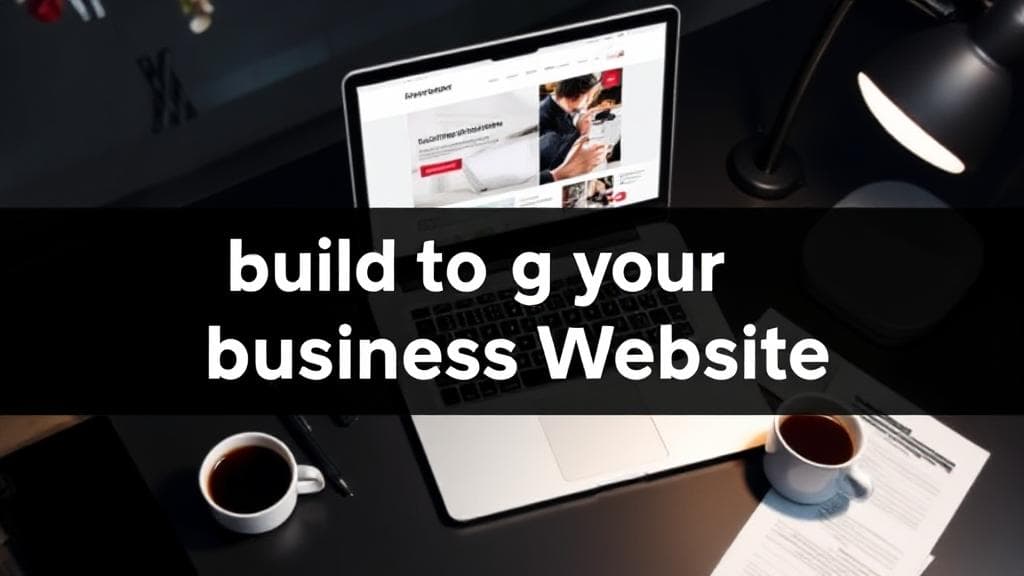 A sleek, modern workspace with a laptop displaying a website design, surrounded by notes and coffee, symbolizing the process of building a business website.