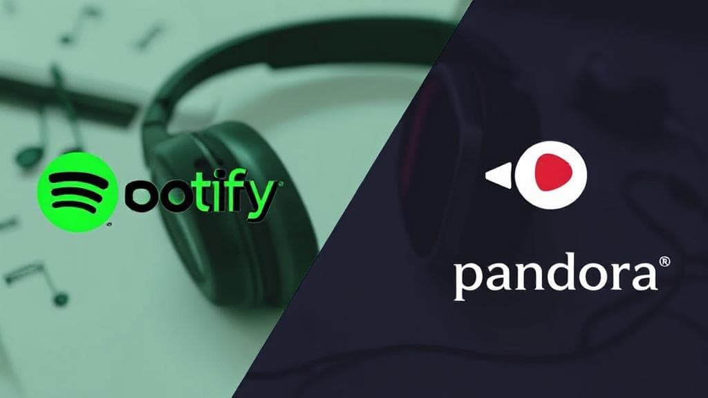 A split-screen image showcasing the Spotify and Pandora logos with musical notes and headphones in the background.