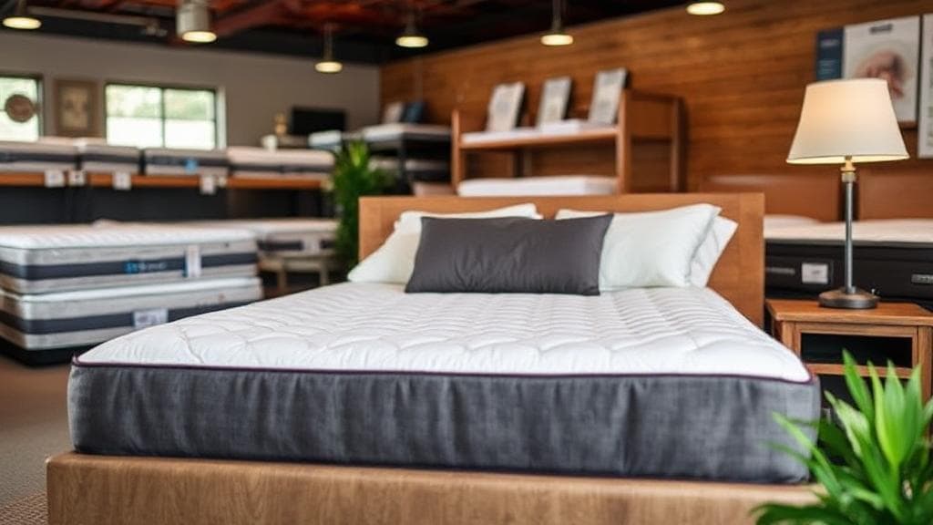 A cozy bedroom scene featuring a neatly made bed with a variety of mattress options displayed in a local store setting.