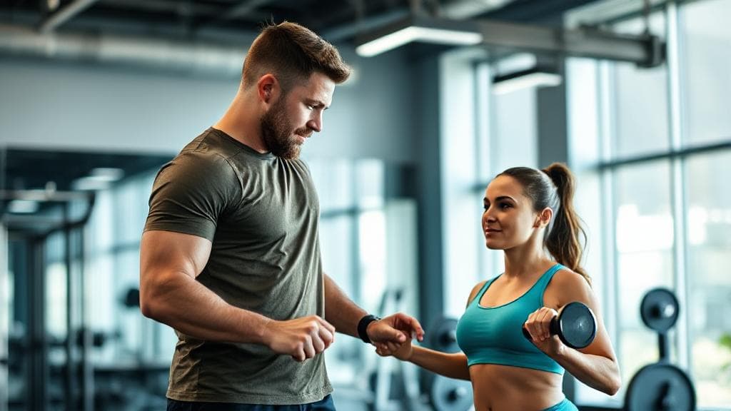 A dynamic image of a personal trainer guiding a client through a workout session in a modern gym, with a focus on professionalism and expertise.