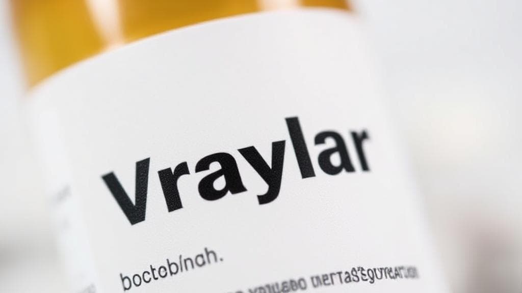 A close-up image of a pill bottle labeled "Vraylar" with a question mark in the background, symbolizing the inquiry about its generic availability.