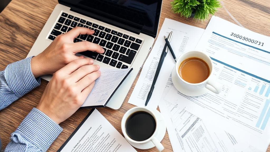 A person calculating finances with a laptop and notepad, surrounded by loan documents and a cup of coffee.