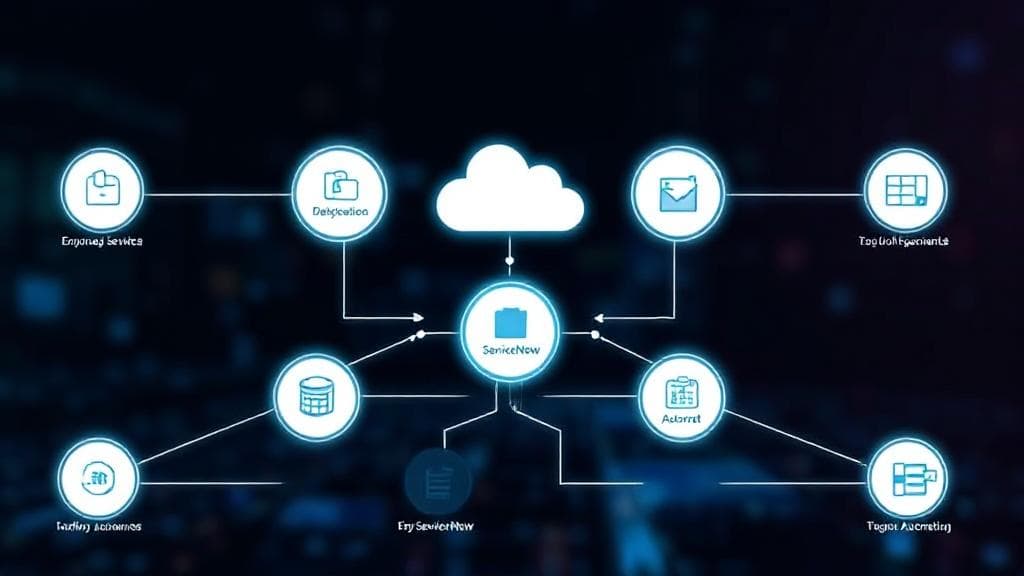 A sleek digital interface showcasing interconnected cloud services and workflow automation, symbolizing the efficiency and integration of ServiceNow.