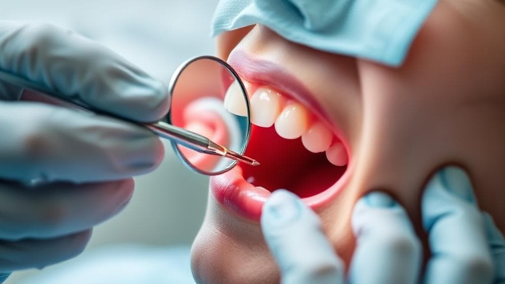 A close-up image of a dental examination, focusing on a dentist inspecting a patient's gum with a small mirror and probe.