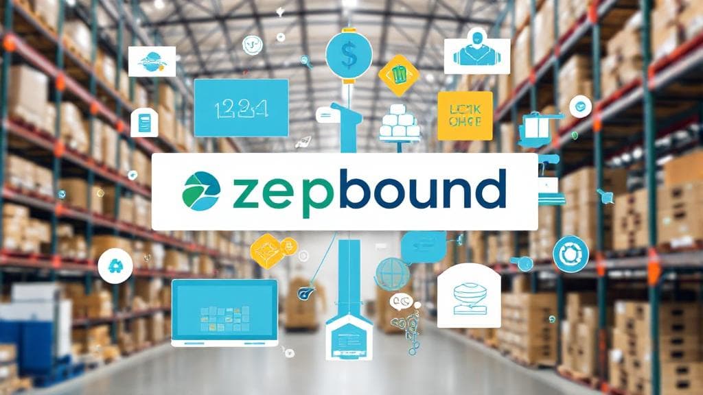 A dynamic collage of Zepbound products with a focus on supply chain elements, set against a backdrop of a bustling warehouse.