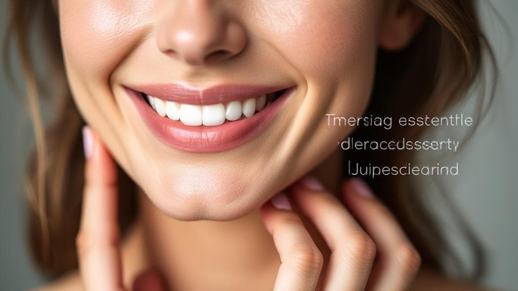 A close-up image of a smiling woman gently touching her smooth, youthful skin, symbolizing the lasting effects of Juvederm treatments.