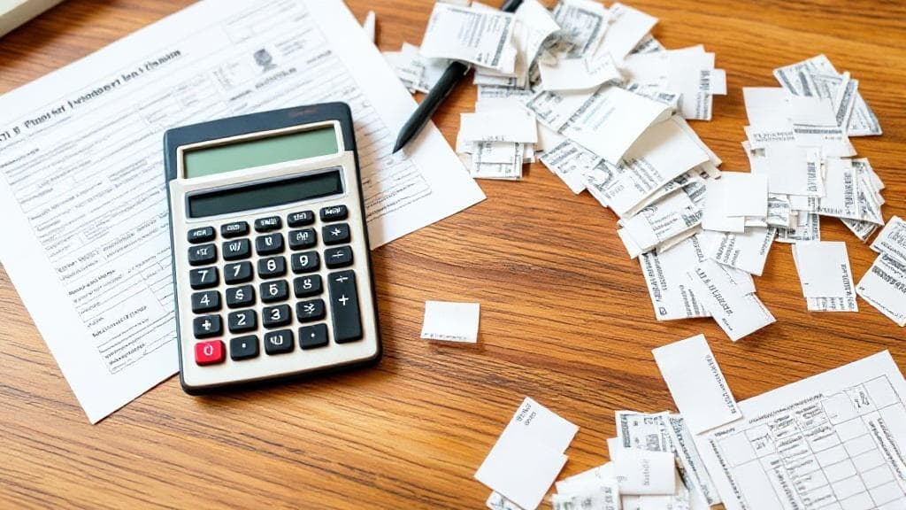 A calculator, tax forms, and scattered receipts on a wooden desk, symbolizing the financial intricacies of filing taxes.