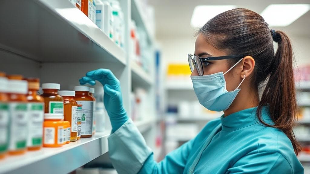 A professional pharmaceutical technician organizing medication bottles on a shelf in a well-lit pharmacy setting.