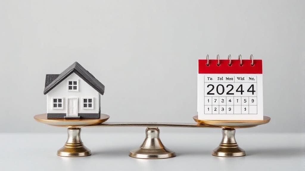A balanced scale with a house on one side and a calendar marked "2024" on the other, symbolizing the decision to sell now or wait.