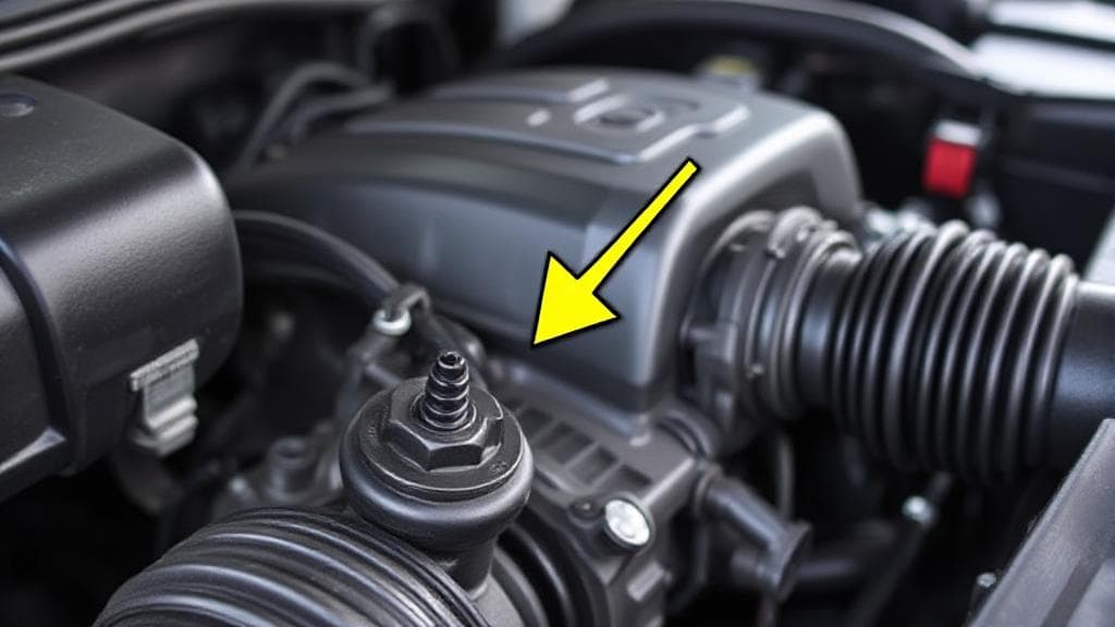 A close-up image of a car engine with an arrow pointing to the transmission fluid dipstick.