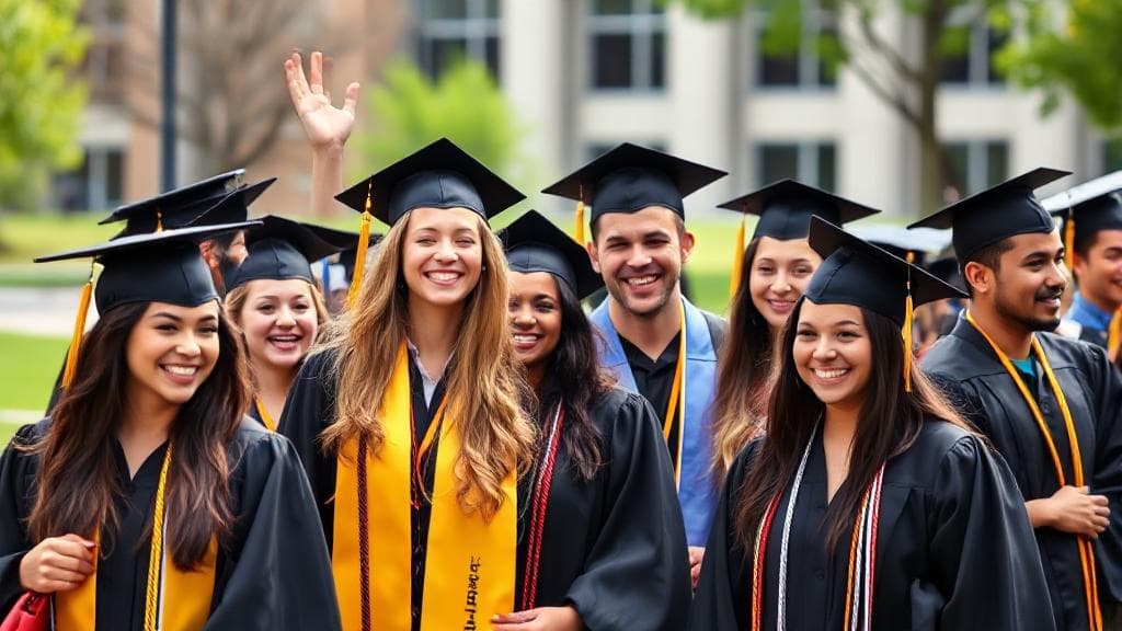 A diverse group of students in graduation caps and gowns celebrating on a university campus.