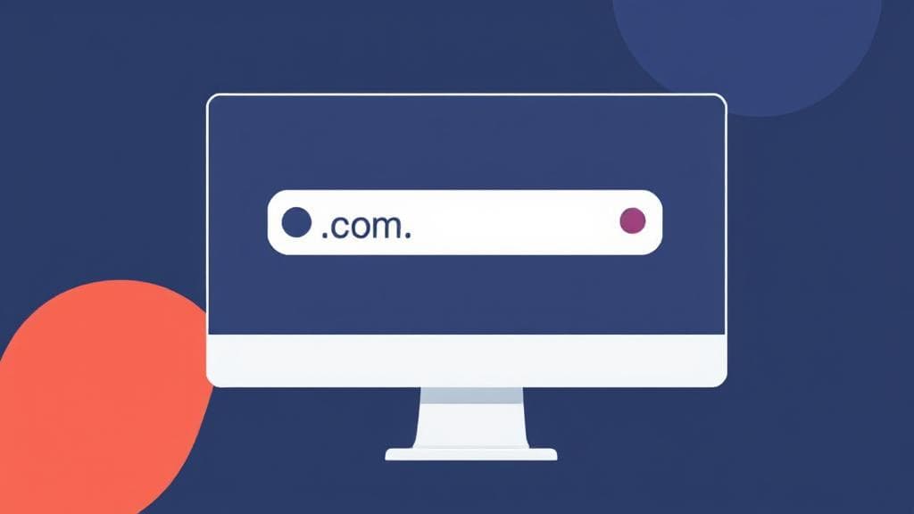 A sleek, modern illustration of a computer screen displaying a search bar with a cursor hovering over a ".com" domain name option.