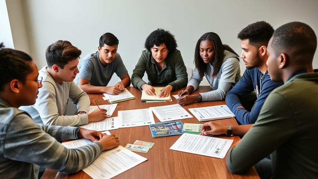 A diverse group of young adults studying together with ASVAB practice materials spread across a table.