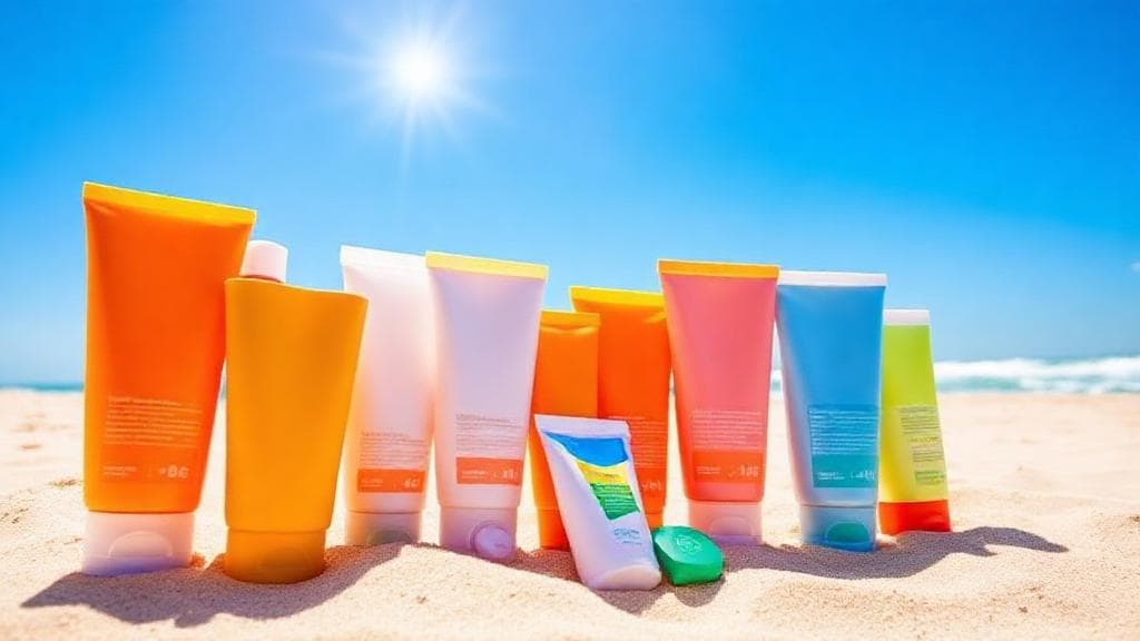A vibrant, sunlit beach scene featuring an array of colorful sunscreen bottles and tubes arranged on the sand, with a clear blue sky and sun in the background.