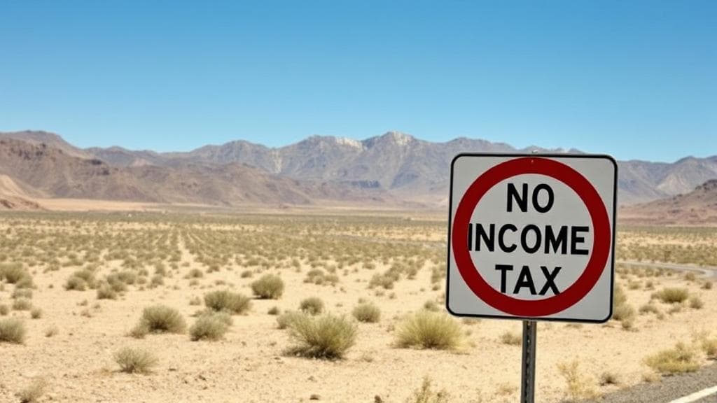 A scenic view of the Nevada desert with a "No Income Tax" road sign in the foreground.