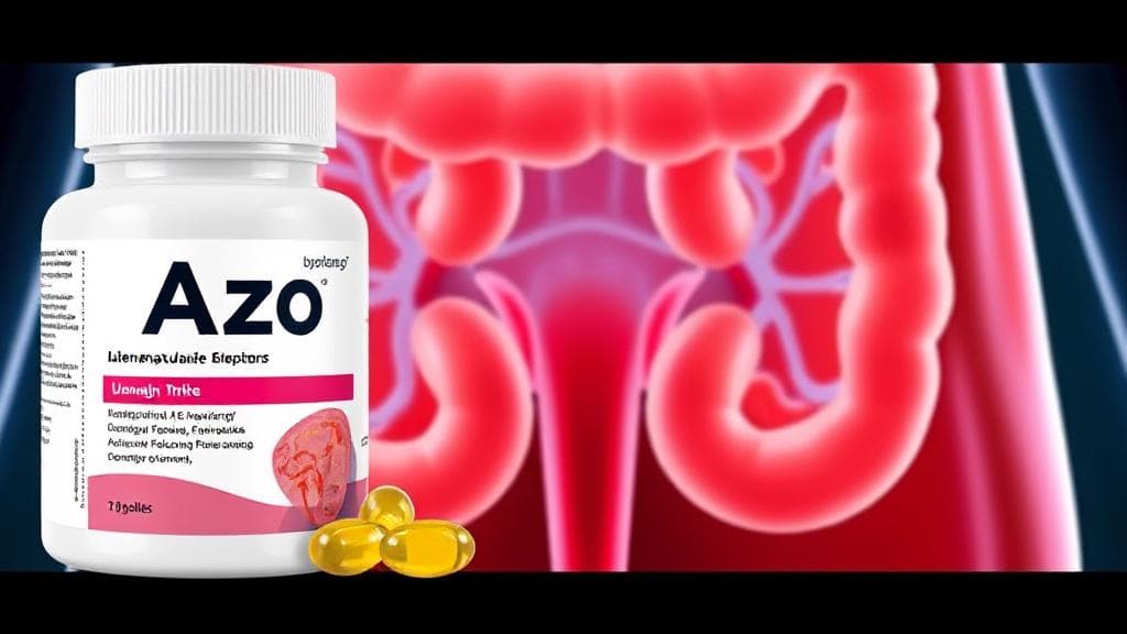 A vibrant illustration of Azo medication capsules against a backdrop of urinary tract anatomy.