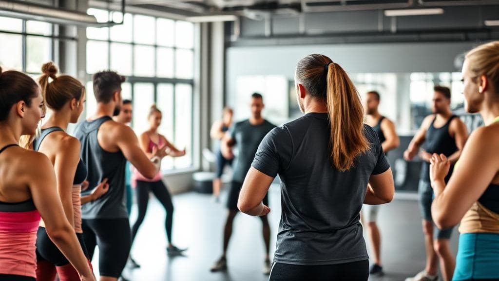 A dynamic image of a diverse group of people engaged in a fitness training session, with a focus on a confident trainer guiding them.