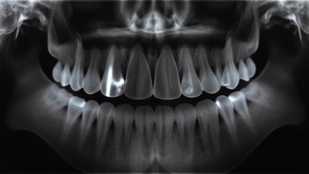 A close-up of a dental X-ray highlighting impacted wisdom teeth.