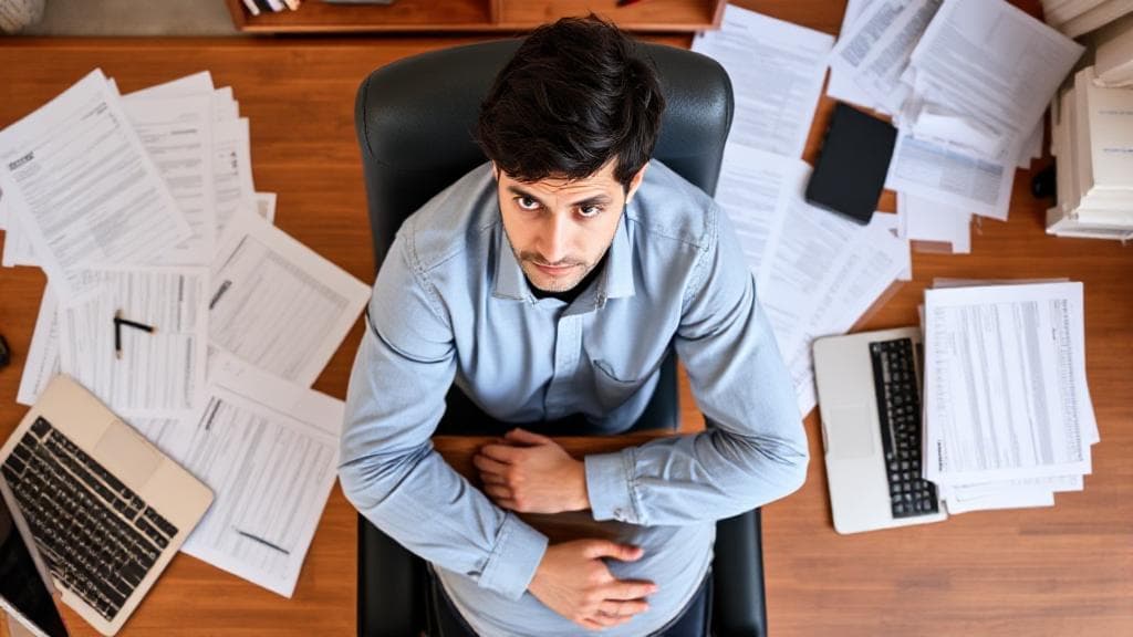 A person sitting at a desk surrounded by tax forms, a calculator, and a laptop, looking contemplative.