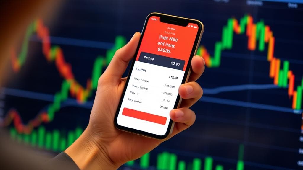 A person checking their credit score on a smartphone with a financial chart in the background.