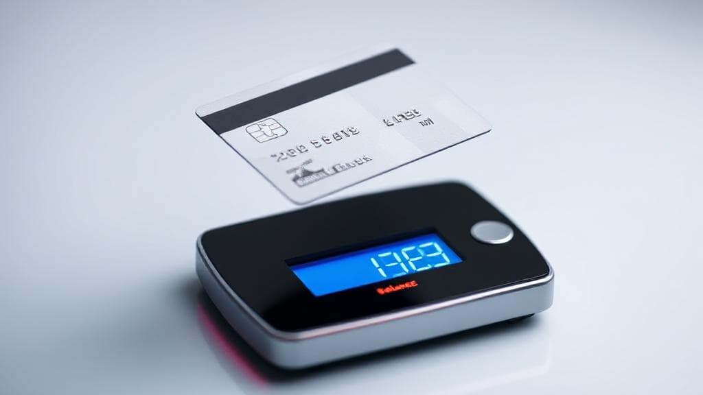 A sleek credit card hovering over a digital balance scale, symbolizing the process of transferring balances.