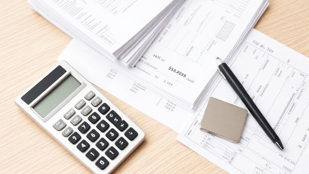 A neatly organized desk with a stack of bank statements, a calculator, and a pen, symbolizing meticulous financial record-keeping and security.