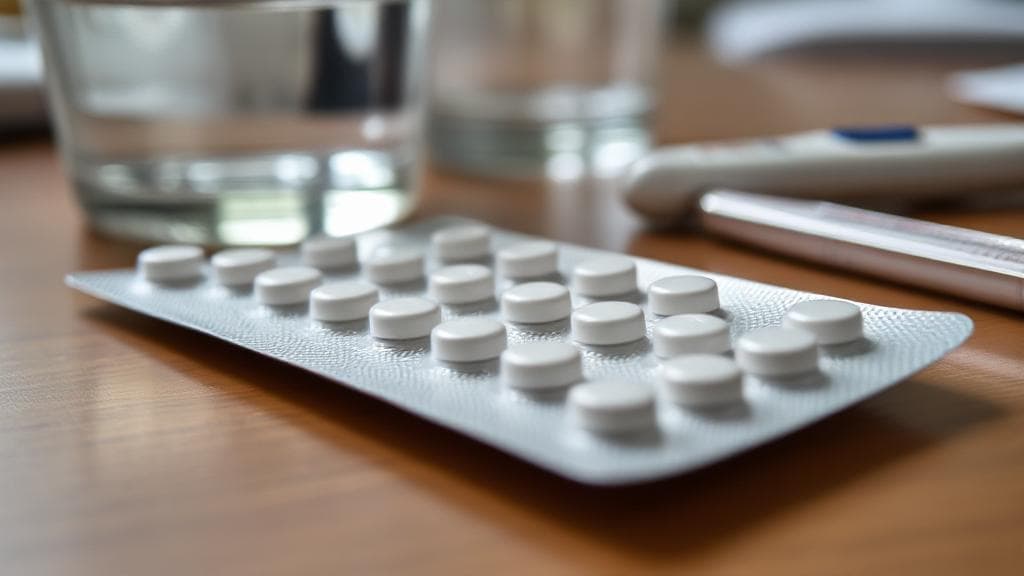 A close-up of a blister pack of Paxlovid pills on a table, with a glass of water and a thermometer nearby.