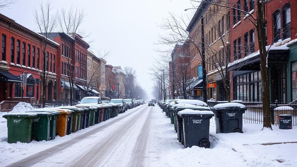 A snowy Buffalo street lined with trash bins awaiting collection.