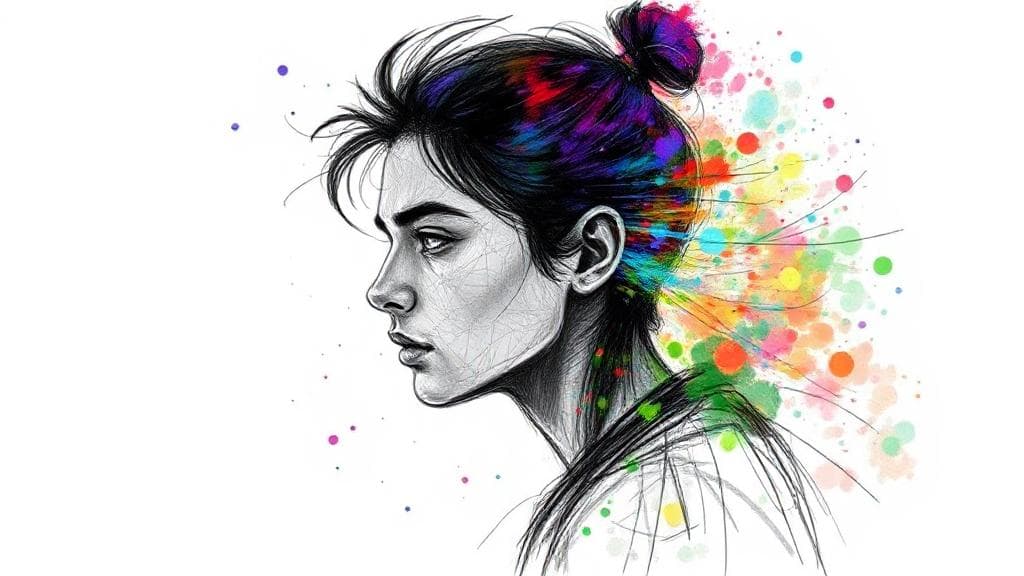 A dynamic header image showcasing a digital artist using Photoshop's generative fill tool to transform a simple sketch into a vibrant, detailed artwork.