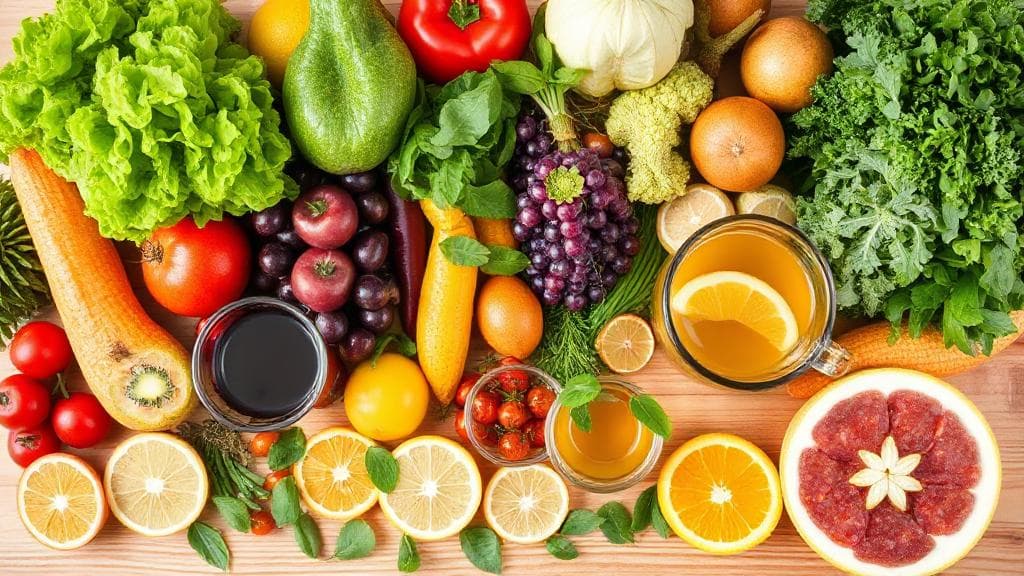 A vibrant assortment of fresh fruits, vegetables, and herbal teas arranged on a clean wooden table, symbolizing natural detoxification.
